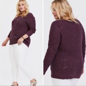Torrid Pointelle Ribbed Open Knit Pullover Eggplant Purple Sweater Plus 1x